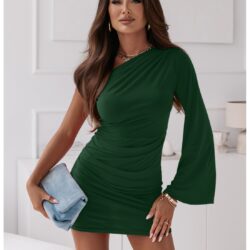Elegancka sukienka na jedno ramię - AMALIBA - butelkowa zieleń