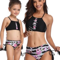 Czarne bikini dla mamy i córki z kwiatami i motylkami