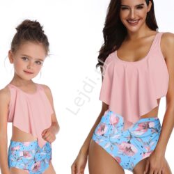 Koralowo błękitne bikini dla mamy i córki z jasnoróżowymi kwiatami