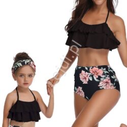 Bikini mama córka w kwiaty, czarne z falbanami 5164