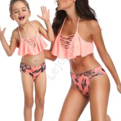 Koralowe bikini dla mamy i córki ze sznureczkami