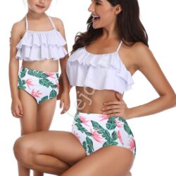 Bikini dwuczęściowe mama i córka z liściami i jasnoróżowymi kwiatkami