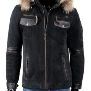 PTR400 - Zimowa kurtka męska zamszowa z kapturem i futerkiem DORJAN
