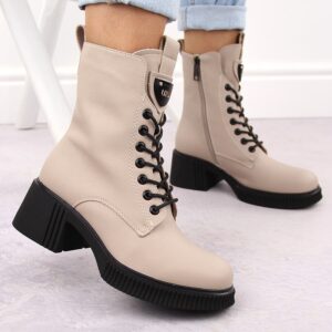 Skórzane botki damskie na klocku beżowe Vinceza 66671