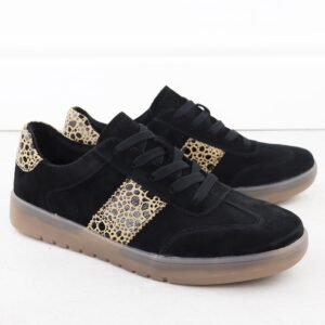 Skórzane półbuty damskie sportowe z panterką czarne Filippo DP6770