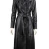 KRND450 - długi czarny płaszcz skórzany damski z paskiem DORJAN