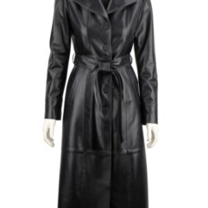 KRND450 - długi czarny płaszcz skórzany damski z paskiem DORJAN