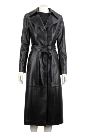 KRND450 - długi czarny płaszcz skórzany damski z paskiem DORJAN