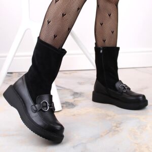 Botki damskie mokasyny na platformie ocieplane czarne Sabatina DM23-18N