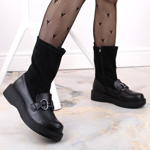 Botki damskie mokasyny na platformie ocieplane czarne Sabatina DM23-18N