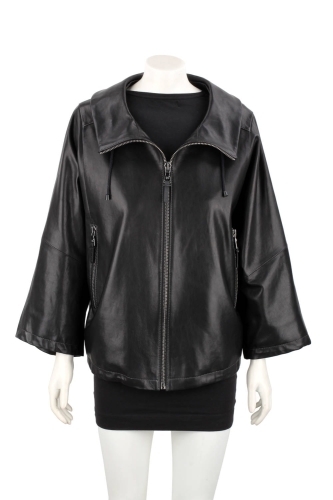 AID450 - Damska kurtka skórzana oversize z czarnej skóry naturalnej DORJAN