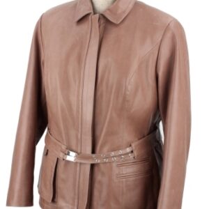 OUT123 - XL - Beżowa damska kurtka skórzana z paskiem DORJAN Outlet