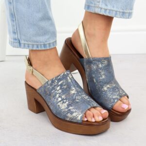 Sandały damskie na słupku jeansowe pozłacane M.Daszyński MR23126-7