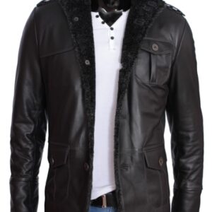 ELV950_2 - Kurtka skórzana męska z czarnym kożuchem eko DORJAN