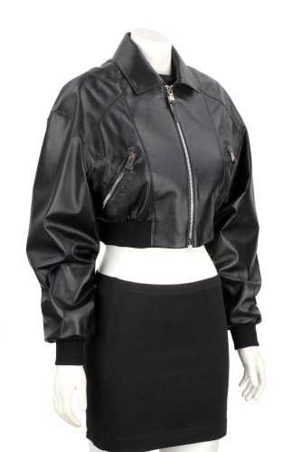 OTI450 - Czarna bomberka skórzana damska ze ściągaczami DORJAN