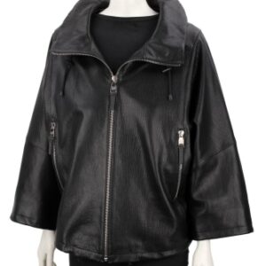 AID951 - Czarna damska kurtka skórzana oversize ze skóry naturalnej DORJAN