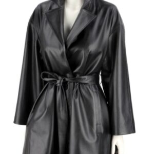 FLO450 - Czarny płaszcz skórzany damski oversize ze skóry naturalnej DORJAN