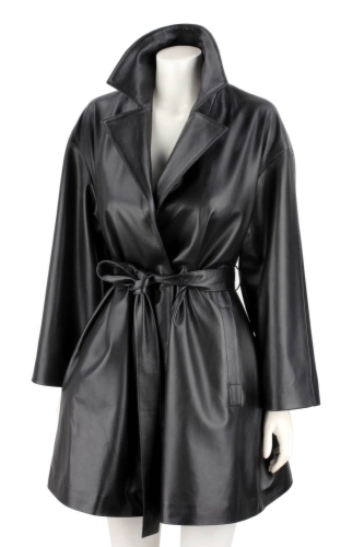 FLO450 - Czarny płaszcz skórzany damski oversize ze skóry naturalnej DORJAN