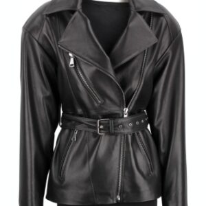 IRA450B - Długa damska ramoneska oversize wiązana w tali DORJAN