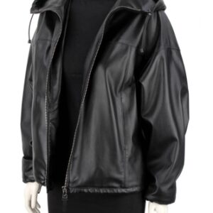 JAS450 - Damska kurtka skórzana z kapturem w luźnym kroju oversize DORJAN