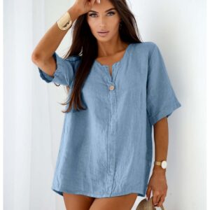 Lniana bluzka z krótkim rękawem BIANA - błękitna