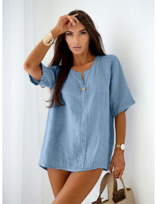 Lniana bluzka z krótkim rękawem BIANA - błękitna