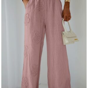 077b6ed3bccea4a221c480ea3b5bd03633845a14 Stylowe lniane spodnie z szerokimi nogawkami ARIELLE - brudny róż