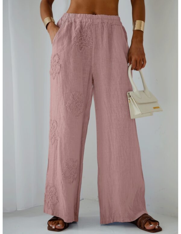 077b6ed3bccea4a221c480ea3b5bd03633845a14 Stylowe lniane spodnie z szerokimi nogawkami ARIELLE - brudny róż