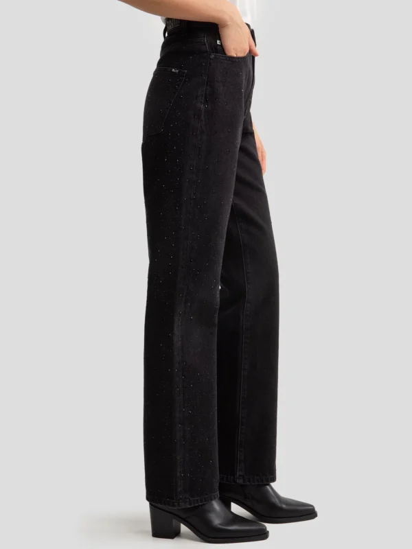 Jeansy damskie z prostą nogawką z cyrkoniami czarne Jade 925