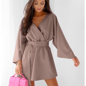 WP sukienka mini z przekładanym dekoltem - mocha mousse