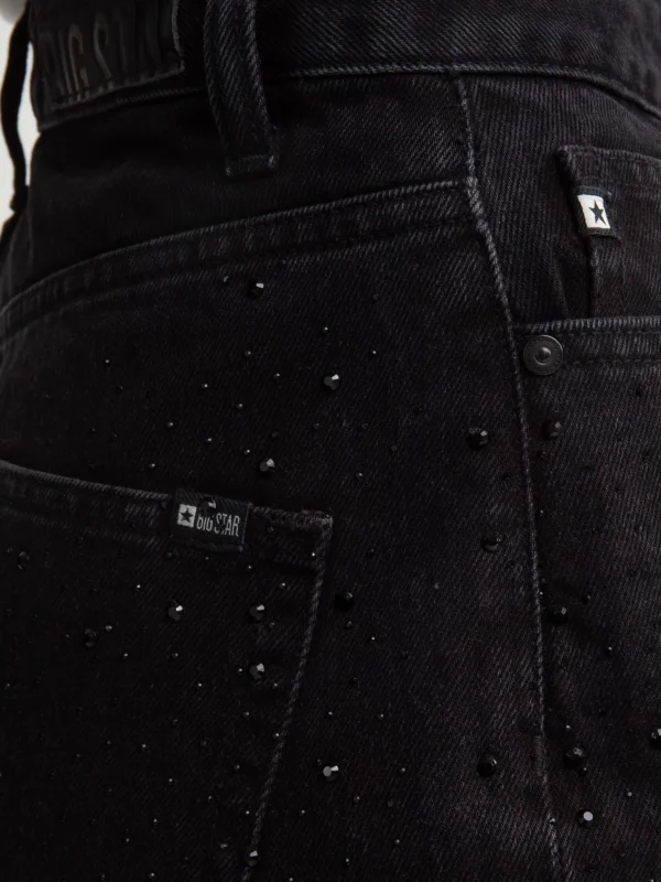 Jeansy damskie z prostą nogawką z cyrkoniami czarne Jade 925