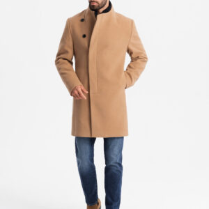 Męski płaszcz z asymetrycznym zapięciem i wysokim kołnierzem – jasnobrązowy V4