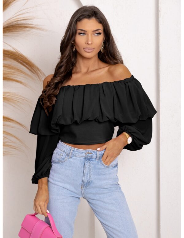 Bluzka hiszpanka z szyfonową falbaną VISJA - czarna