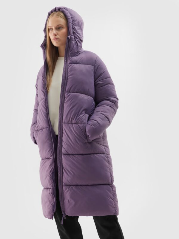 4F Długi płaszcz puchowy z syntetycznym wypełnieniem damski - fioletowy