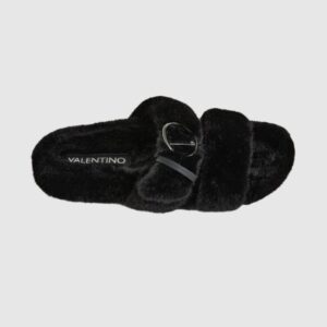 VALENTINO Czarne klapki damskie z syntetycznego futerka