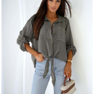 1f3ff8a9372a0be1cbce335fad66c5cbb153423a Lniana koszula oversize z wiązaniem DENI - grafitowa