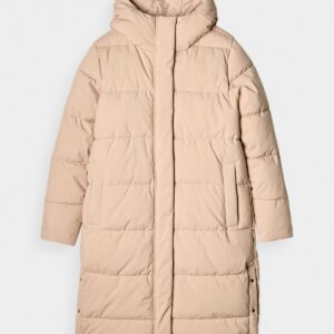 4F Długi płaszcz puchowy z syntetycznym wypełnieniem damski - beżowy