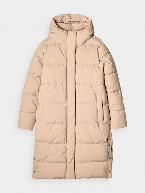 4F Długi płaszcz puchowy z syntetycznym wypełnieniem damski - beżowy