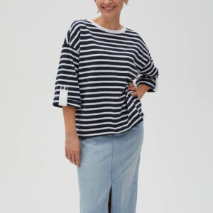 Bluza oversize w paski z szerokimi rękawami granatowa