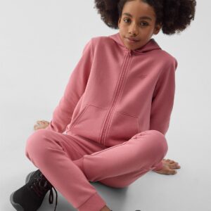 4F Bluza dresowa rozpinana z kapturem dziewczęca - pudrowy róż 158 (12-13 lat)