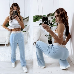 Komplet Florence spodnie błekitne i top w paski latte