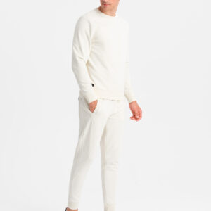 Bawełniany dresowy komplet męski BASIC bluza nierozpinana + joggery – kremowy V5