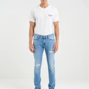 Jeansy męskie dopasowane z przetarciami jasnoniebieskie Terry Slim 239