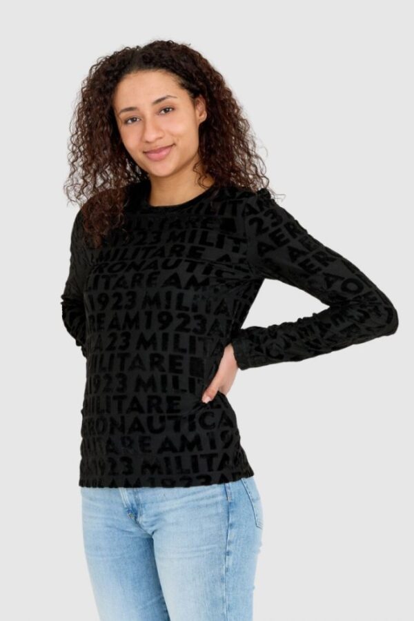 AERONAUTICA MILITARE Czarna welurowa bluza damska w wytłoczone logotypy