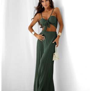 Komplet z wiskozy top i plisowane spodnie TORREL - butelkowa zieleń