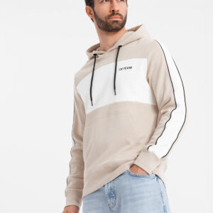 Bawełniana męska bluza z kapturem z kontrastującymi elementami - beżowa V2