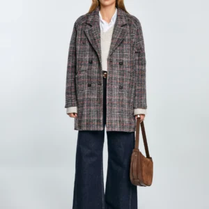 Płaszcz damski z dodatkiem wełny kratę szary Ariela 000