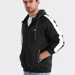 42e620629bd7f1277f69db963346b91f024e0986 Męska rozpinana bluza z kapturem i lampasami - czarna V1