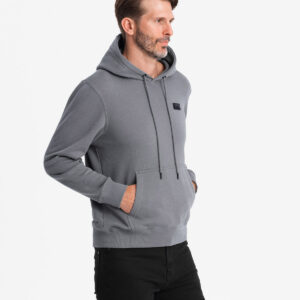 Męska bluza dresowa kangurka z kapturem i metalowym pinem – szara V1