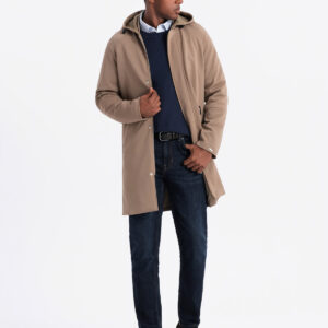 Płaszcz męski z kapturem w delikatny prążek - kawowy V1